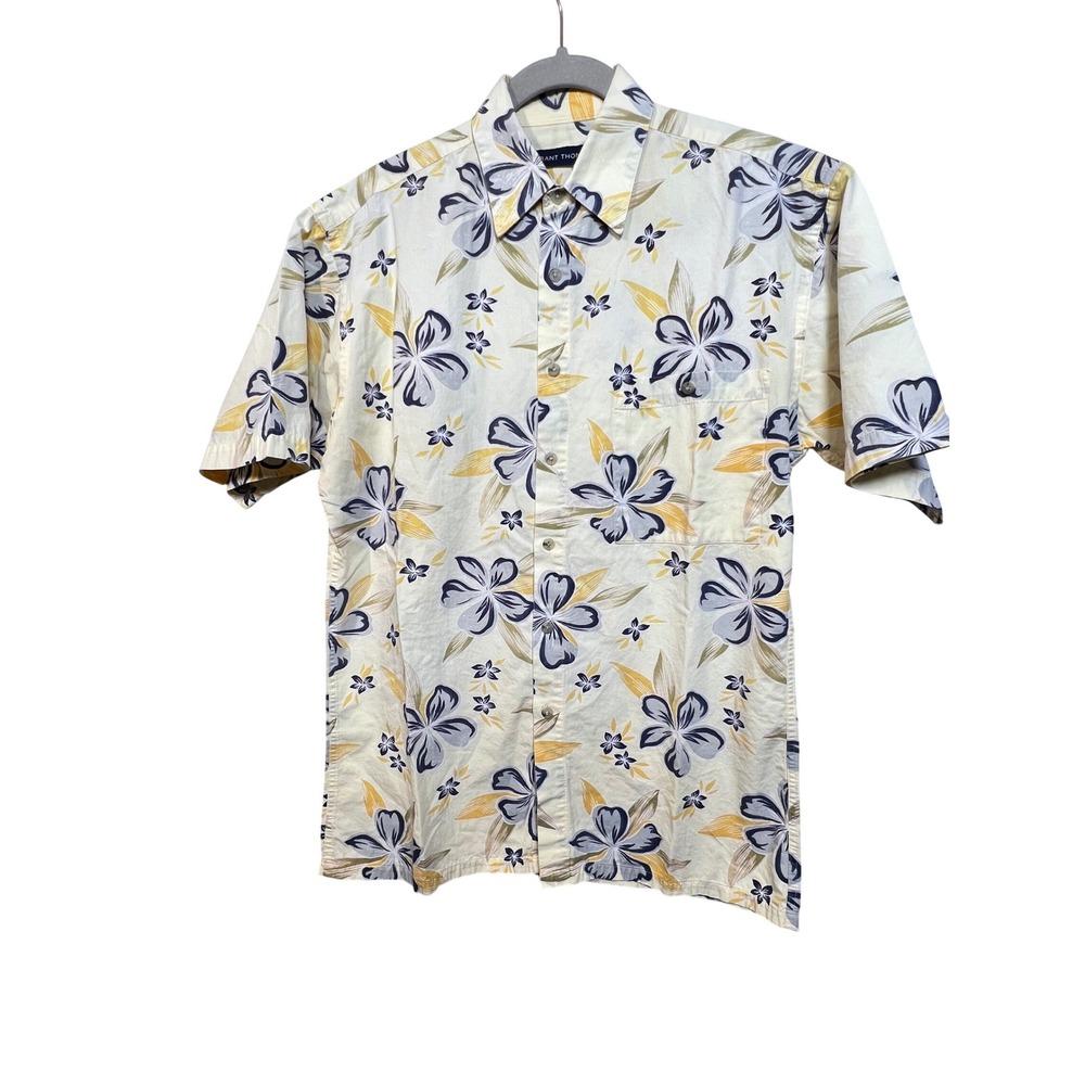 Grant Thomas Mens Short Sleeve Floral Button Down Shirt Yellow Grey Tropical L